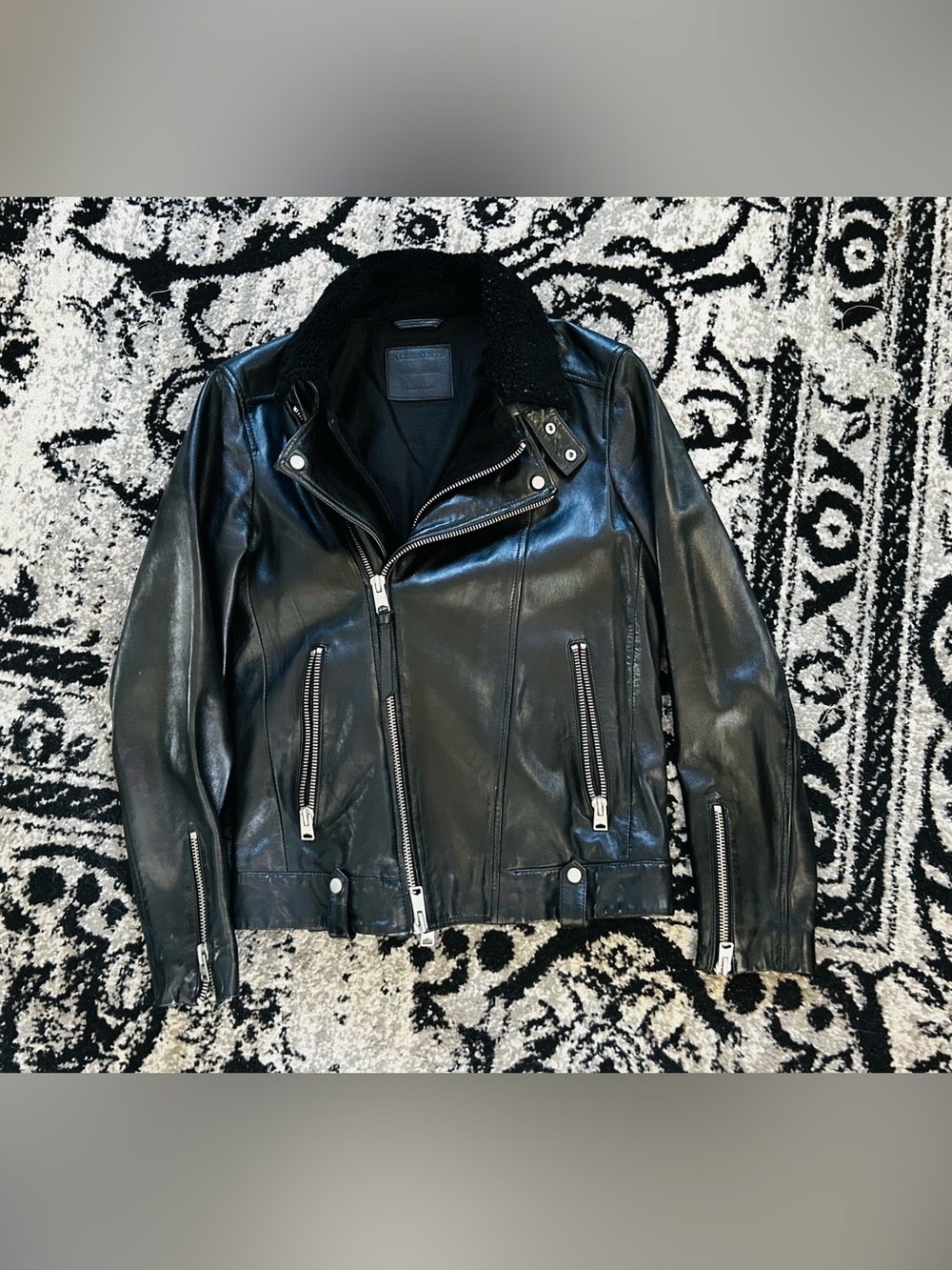 AllSaints Black Leather Bomber Jacket with Shearling Collar